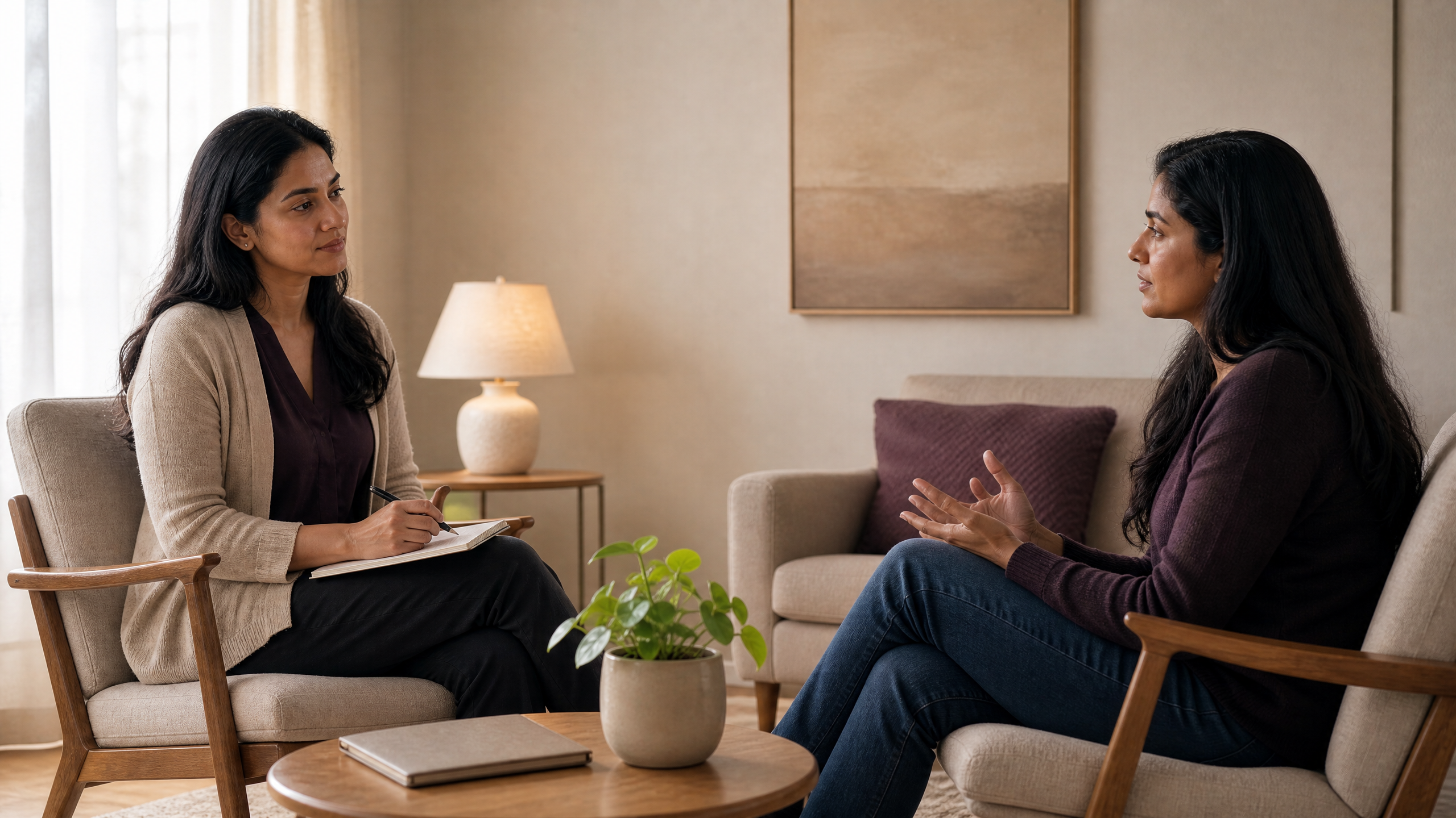 A registered psychotherapist and adult client in a collaborative, private session, representing support with values, communication, and confidence.