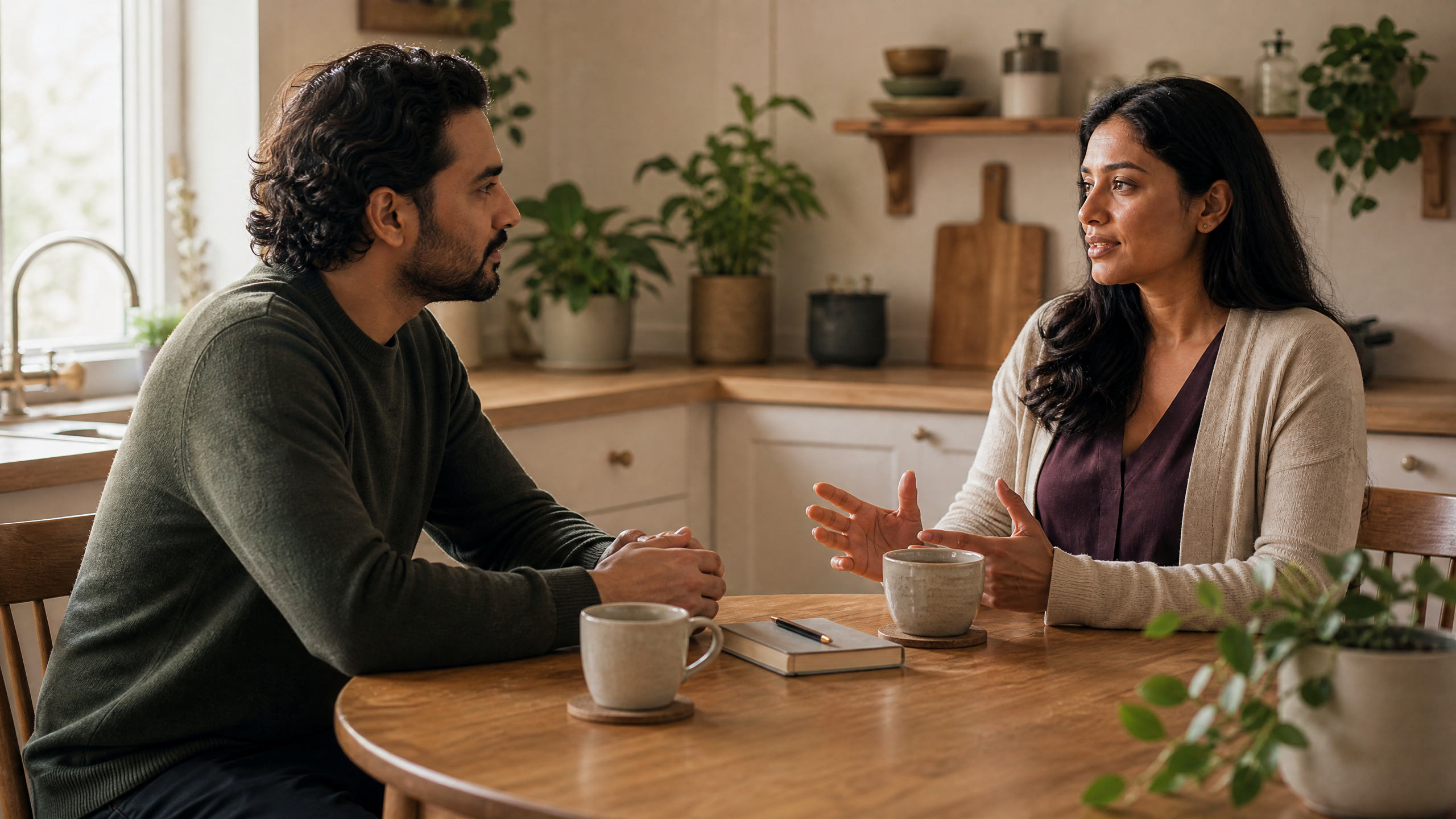 Two adults having a calm, respectful conversation at a kitchen table, representing clear and compassionate boundary communication.