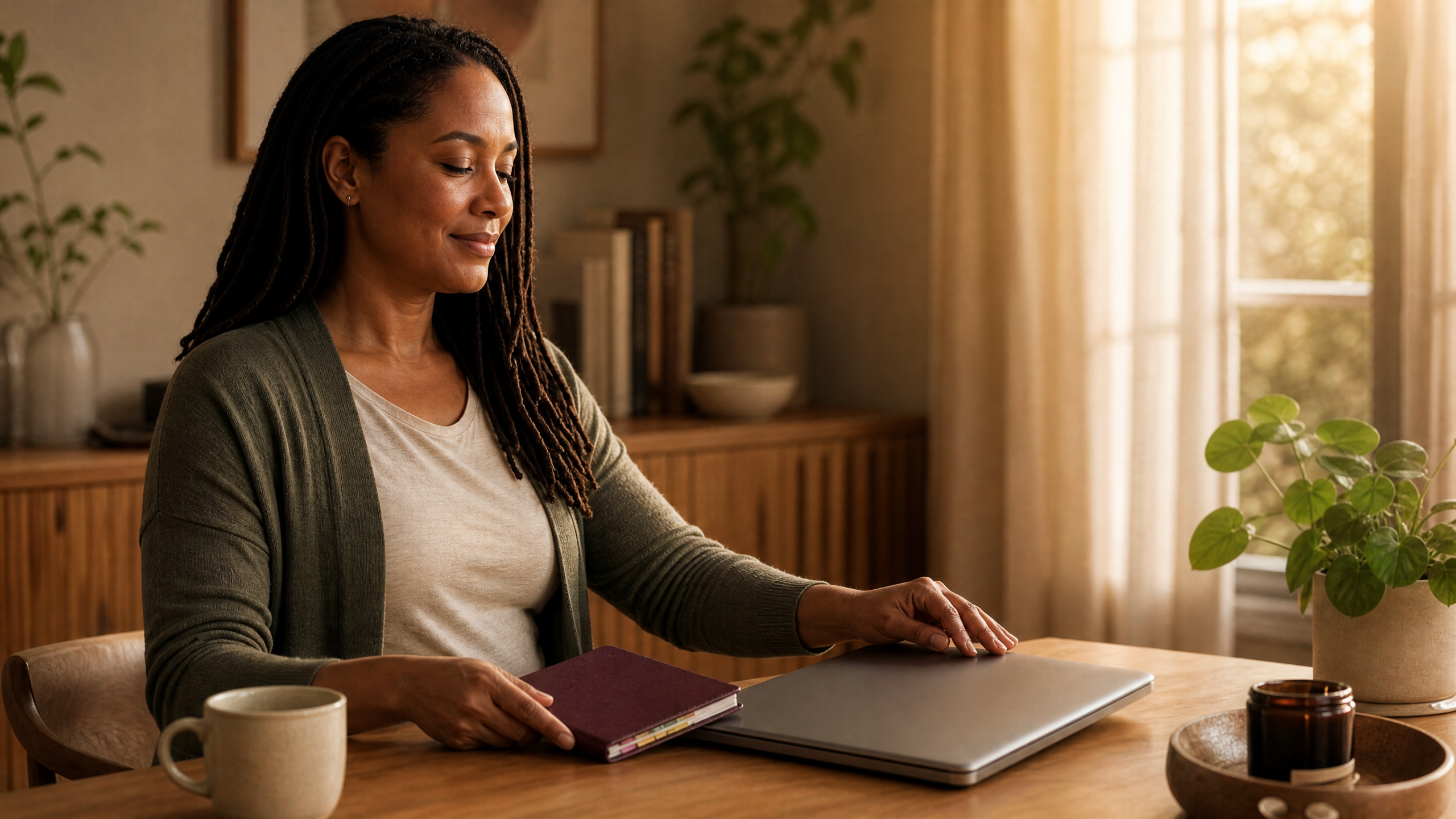 A woman calmly closing her laptop beside a planner at the end of the day, representing protection of time and energy outside work hours.