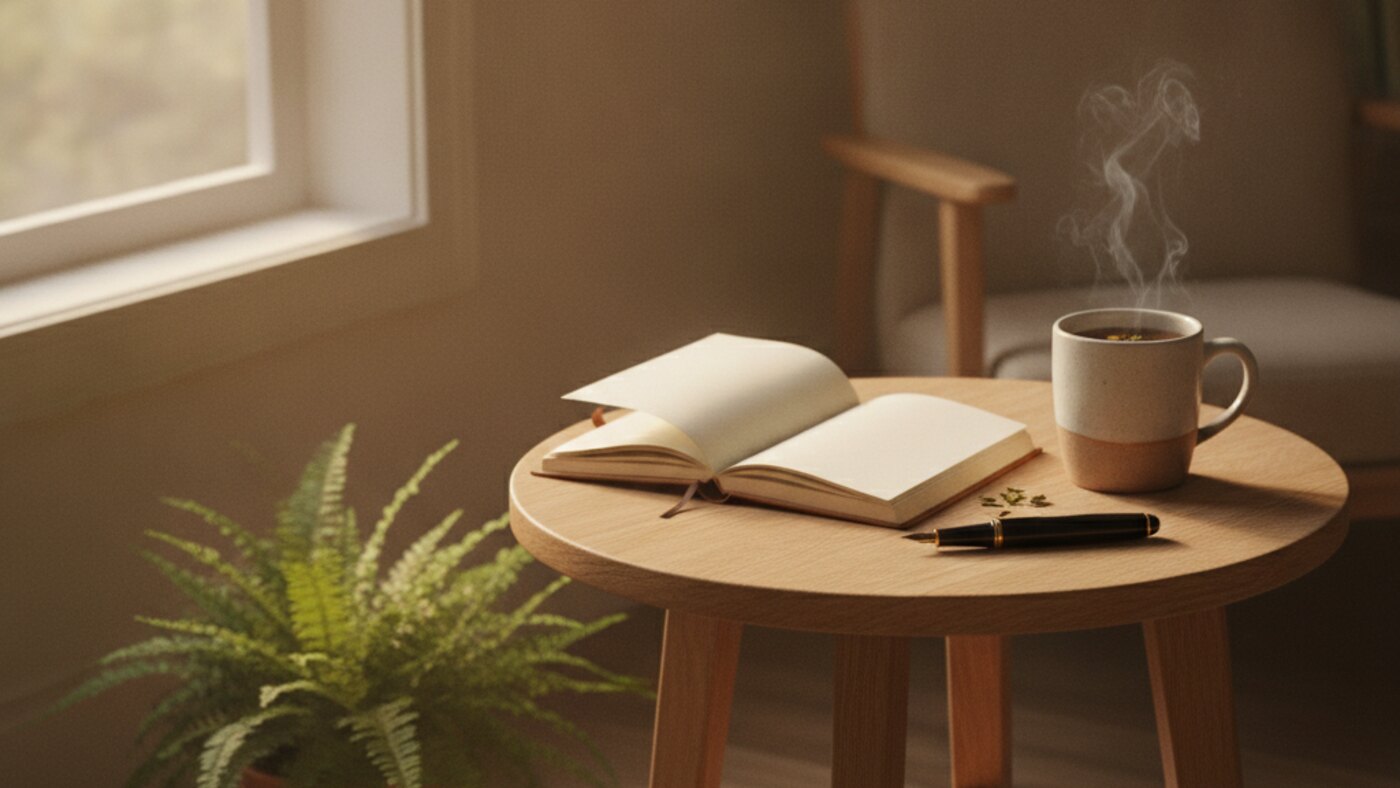 Open notebook and a cup of tea on a table beside a window with morning light falling across it