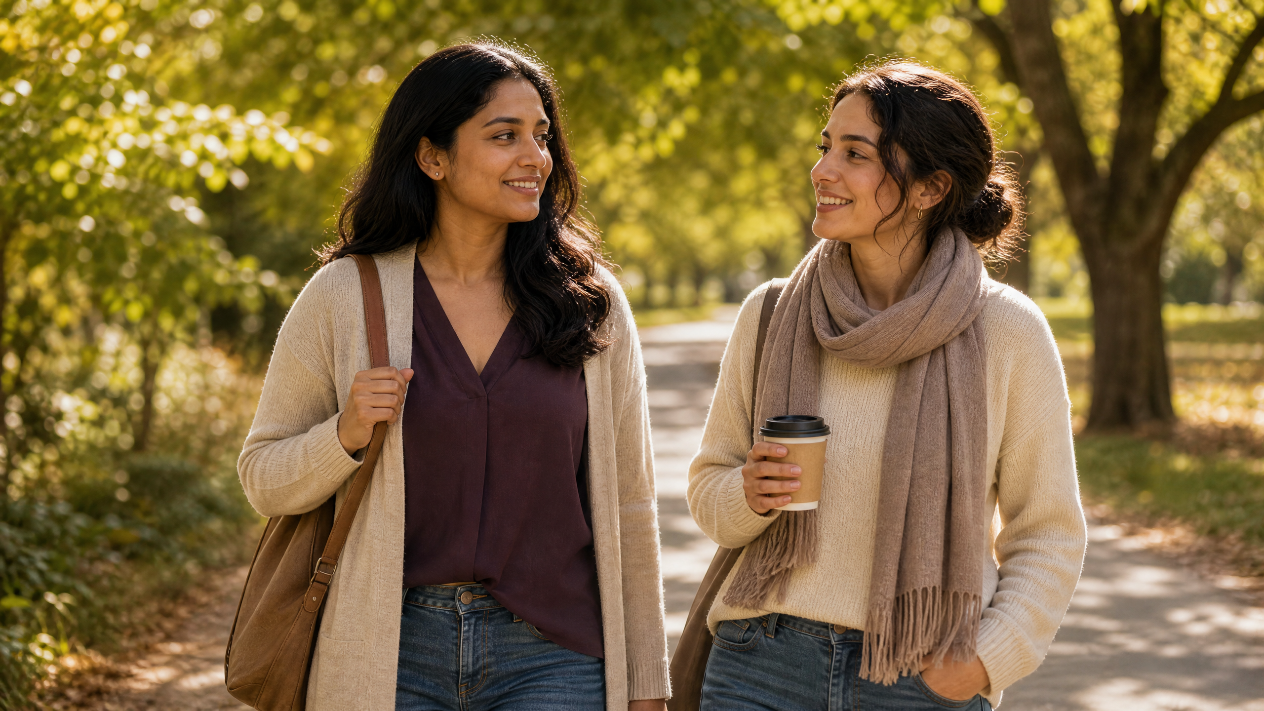 A person taking a restorative walk on a quiet tree-lined path with soft morning light, and warm connection with a friend, representing rest, meaningful activity, and supportive relationships.