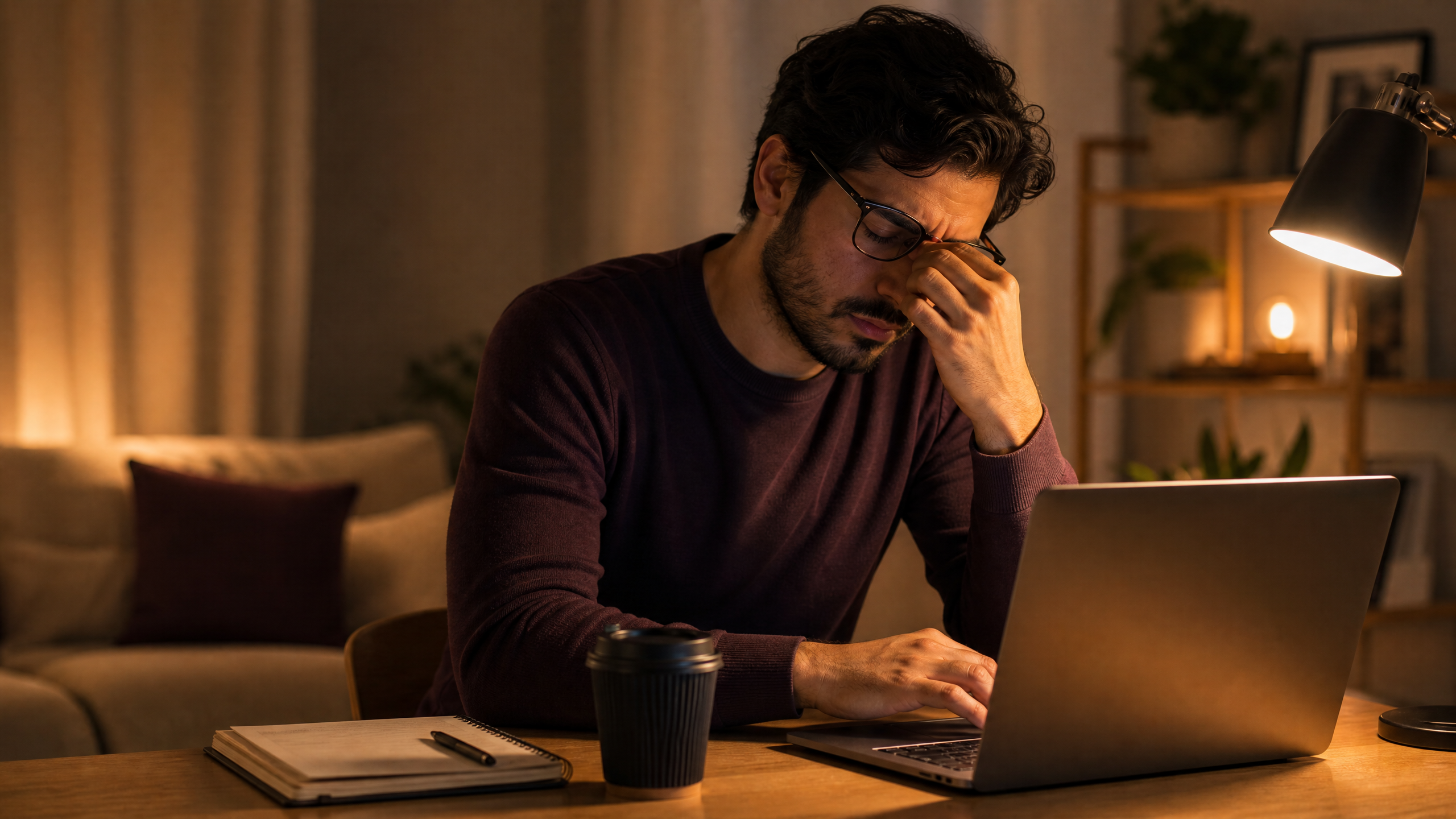 A tired professional sitting at a desk in warm evening light, rubbing their eyes beside a laptop, conveying the emotional exhaustion and mental fatigue of early burnout.
