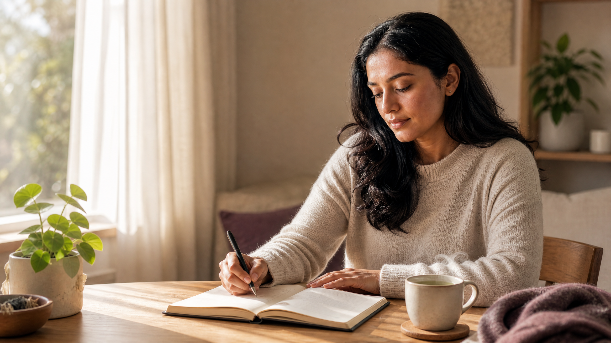 A calm morning scene of a person journaling at a table by a window with a cup of tea, symbolizing honest reflection and identifying the sources of chronic stress.