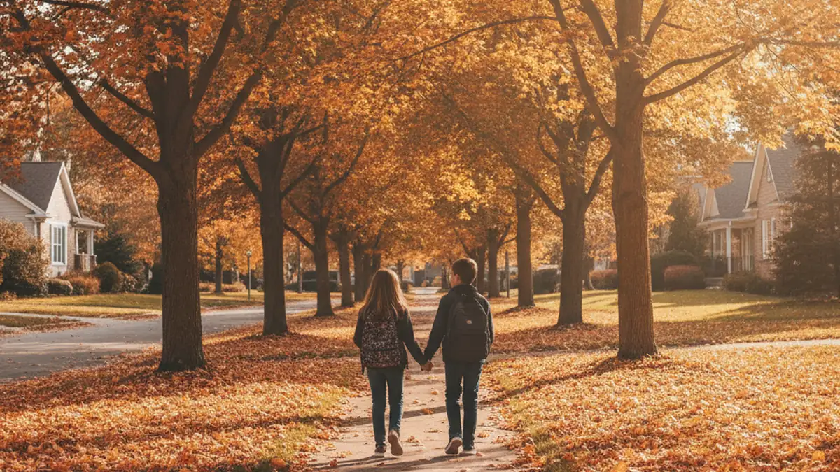 Two children with backpacks walking hand in hand along a leaf-covered suburban sidewalk in autumn