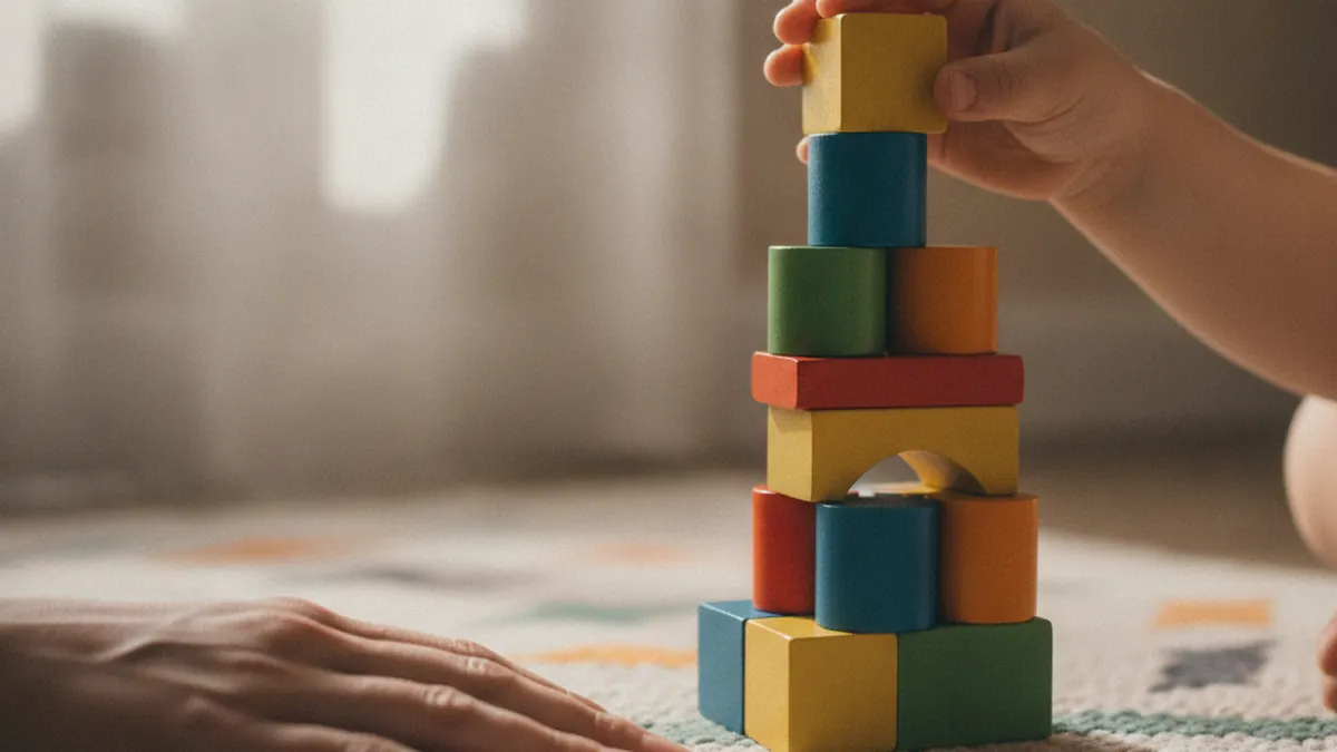 A child's hand placing a block on top of a colourful wooden tower on a rug while an adult's hand rests nearby