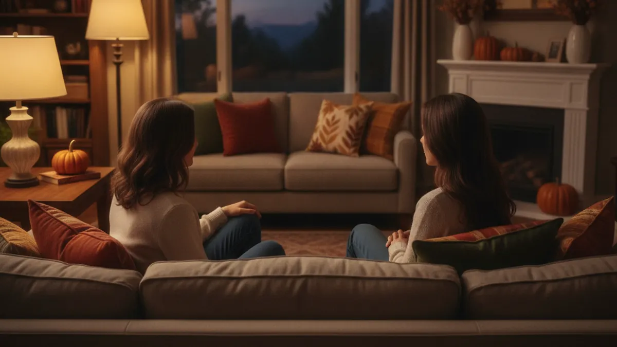Two people sitting at opposite ends of a living room sofa in warm evening lamp light, turned slightly toward each other