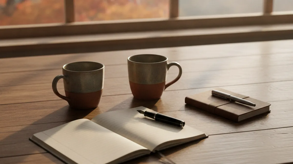 Two coffee mugs and two notebooks with pens on a wooden kitchen table beside a window with autumn trees