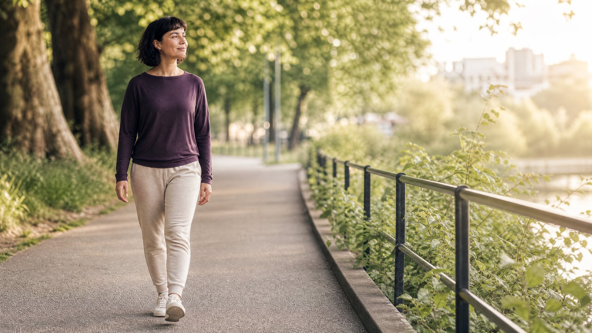 A person jogging outdoors on a sunny morning path, surrounded by trees and natural light, conveying the mood-boosting benefits of regular movement and exercise.