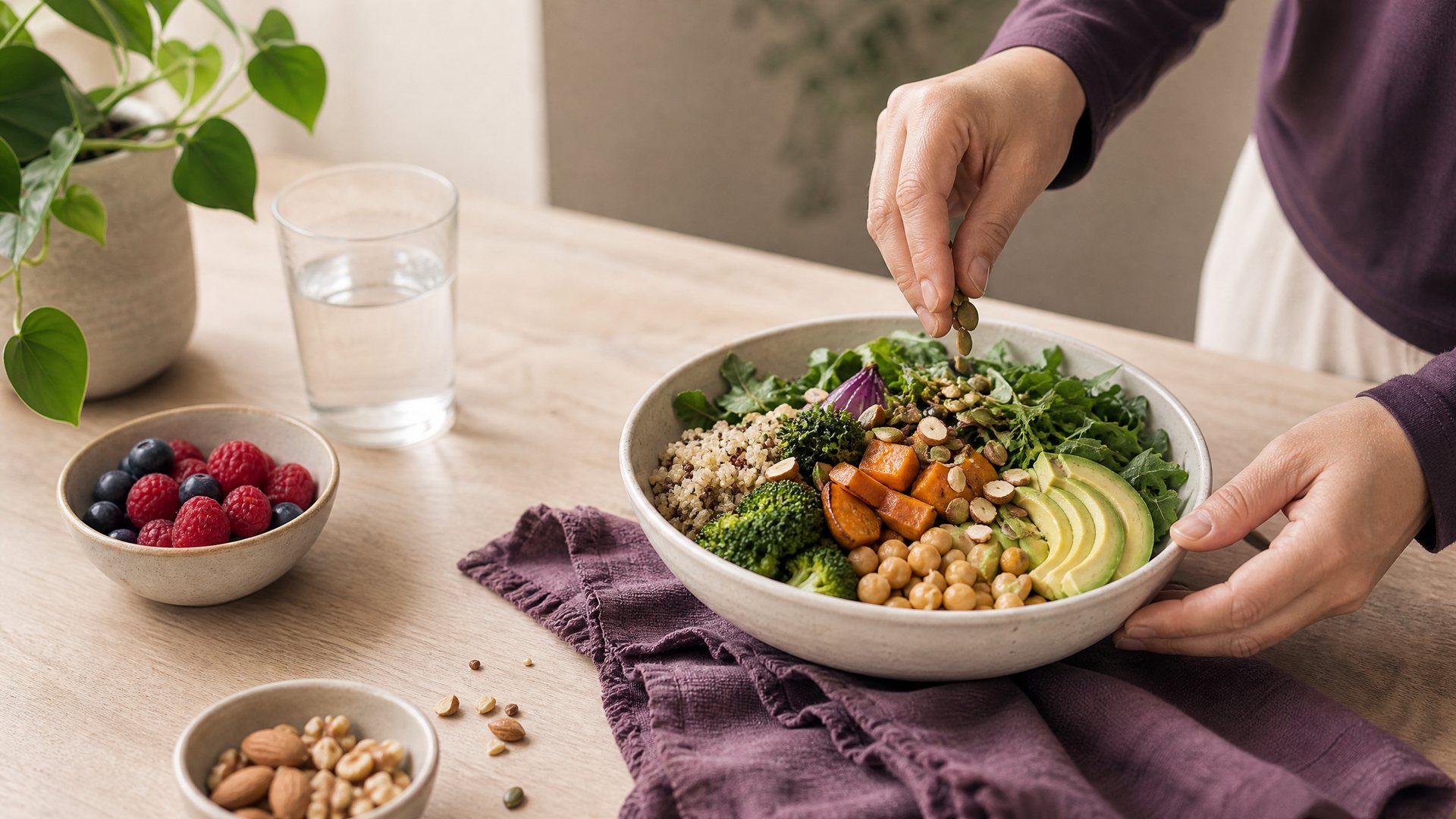 A colorful arrangement of nourishing whole foods—fresh vegetables, fruits, whole grains, nuts, and lean proteins—displayed on a wooden surface, symbolizing balanced nutrition for brain health.