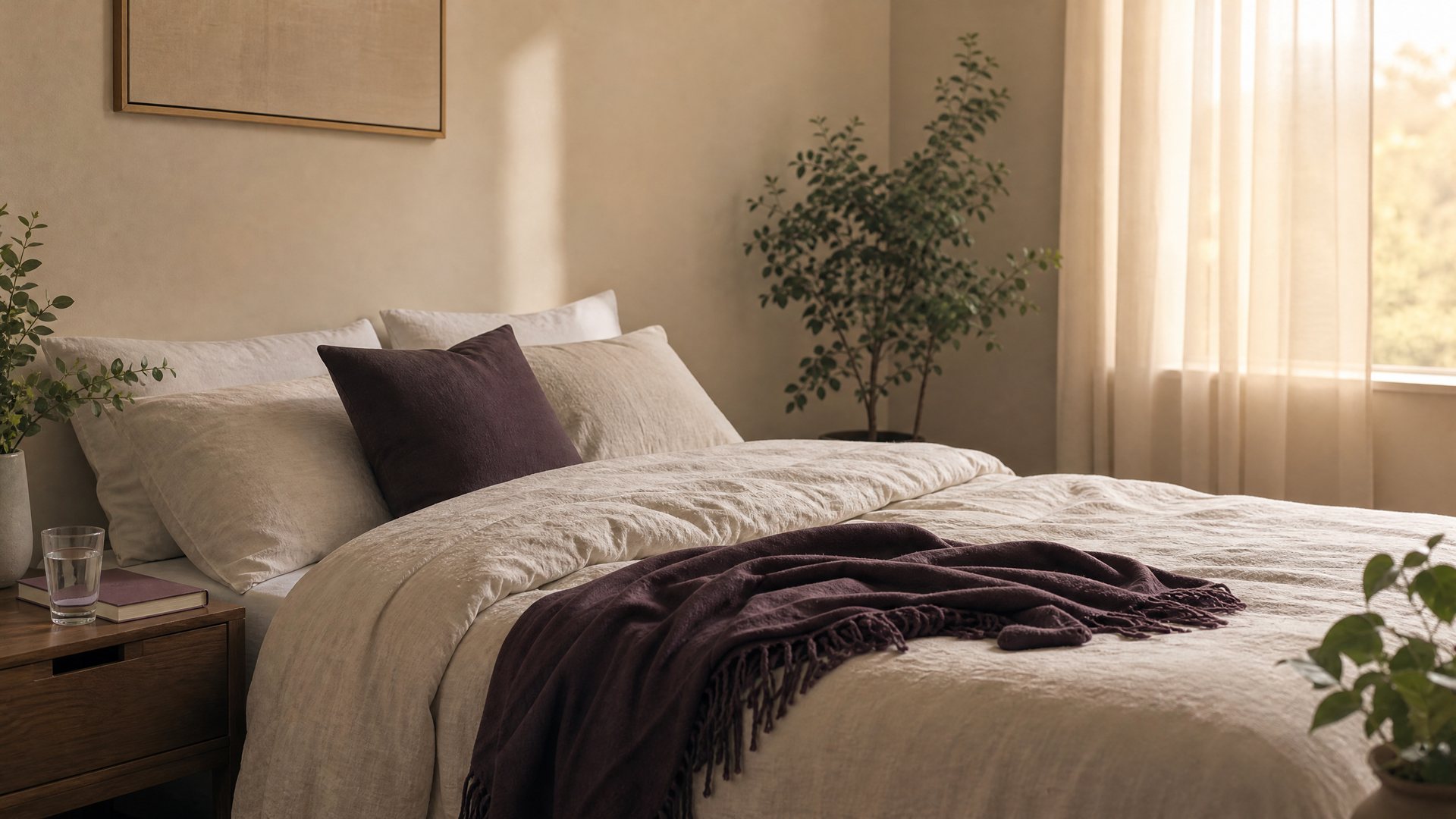 A serene bedroom scene with soft, natural lighting, a neatly made bed with comfortable pillows and linens, representing the restorative power of quality sleep.