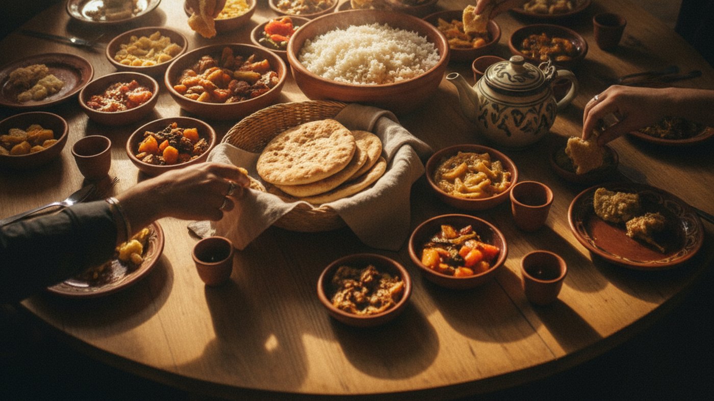 Hands reaching across a shared family table set with rice, flatbread and small dishes