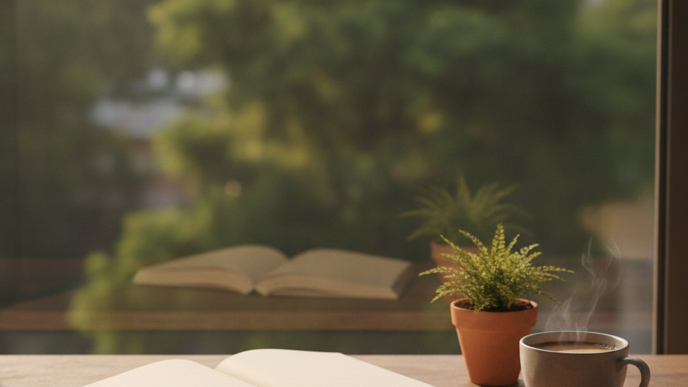 An open journal and pen on a wooden desk beside a cup of chai and a small plant by a window