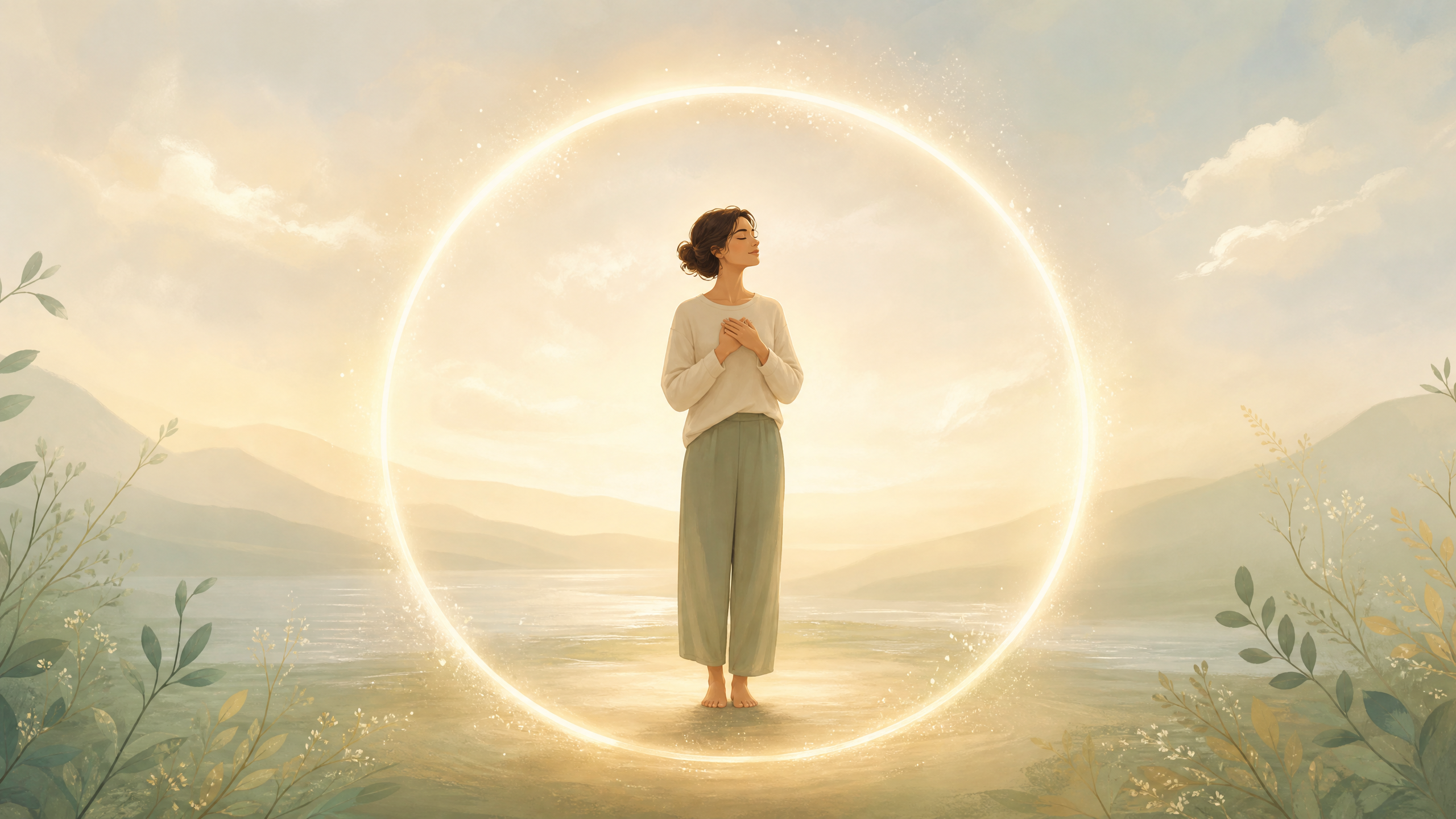 An abstract, gentle illustration of a person standing calmly inside a soft glowing boundary or circle of light, representing healthy emotional boundaries and psychological safety.