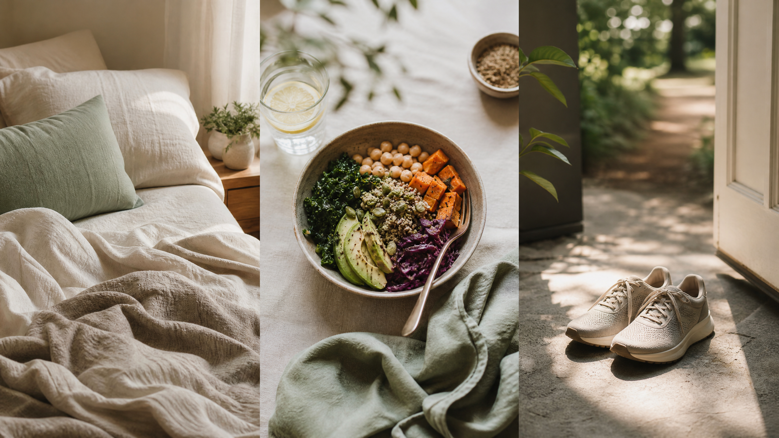 A serene flat-lay or lifestyle scene showing three pillars of physical self-care — a neatly made bed with soft linens suggesting restful sleep, a bowl of nourishing whole foods, and a pair of walking shoes.