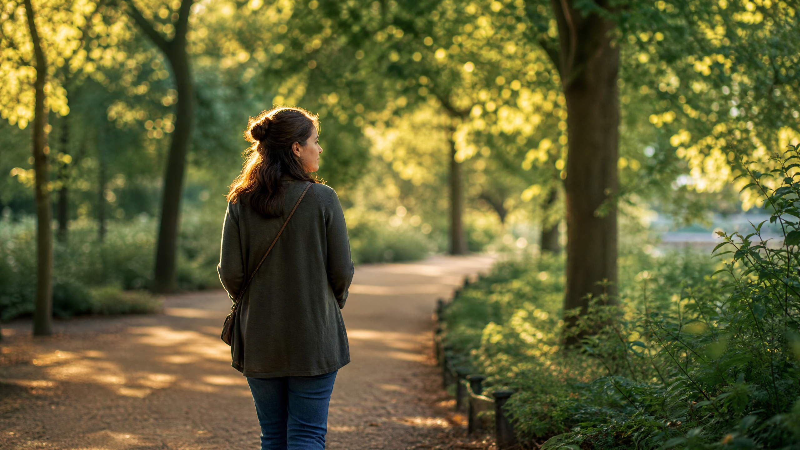 A person taking a peaceful mindful walk in a quiet park or tree-lined path, soft dappled light filtering through leaves, conveying the power of small daily habits.
