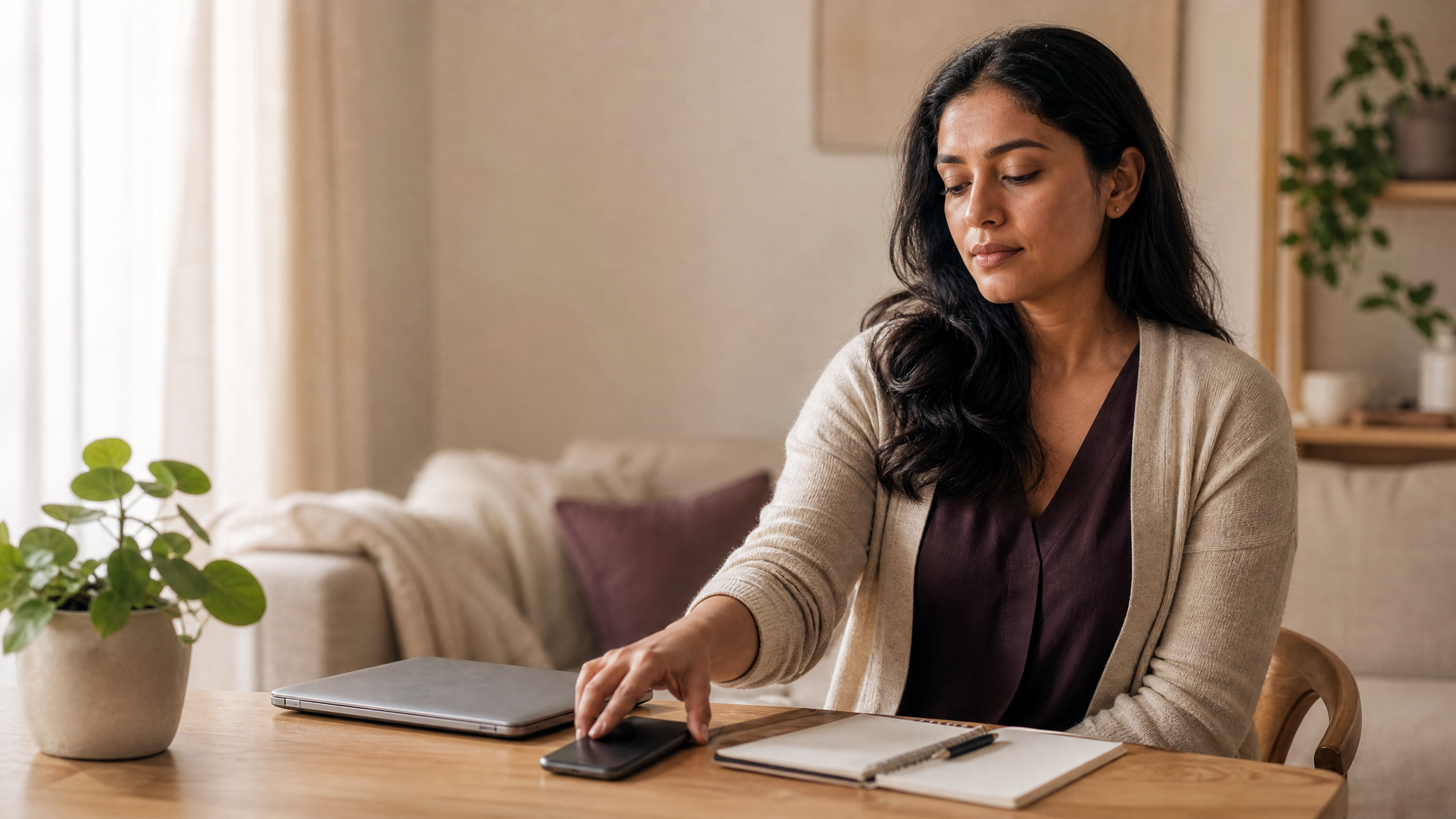 A woman calmly placing her phone face-down beside a closed laptop and planner, representing a deliberate pause and a healthy limit around time and availability.