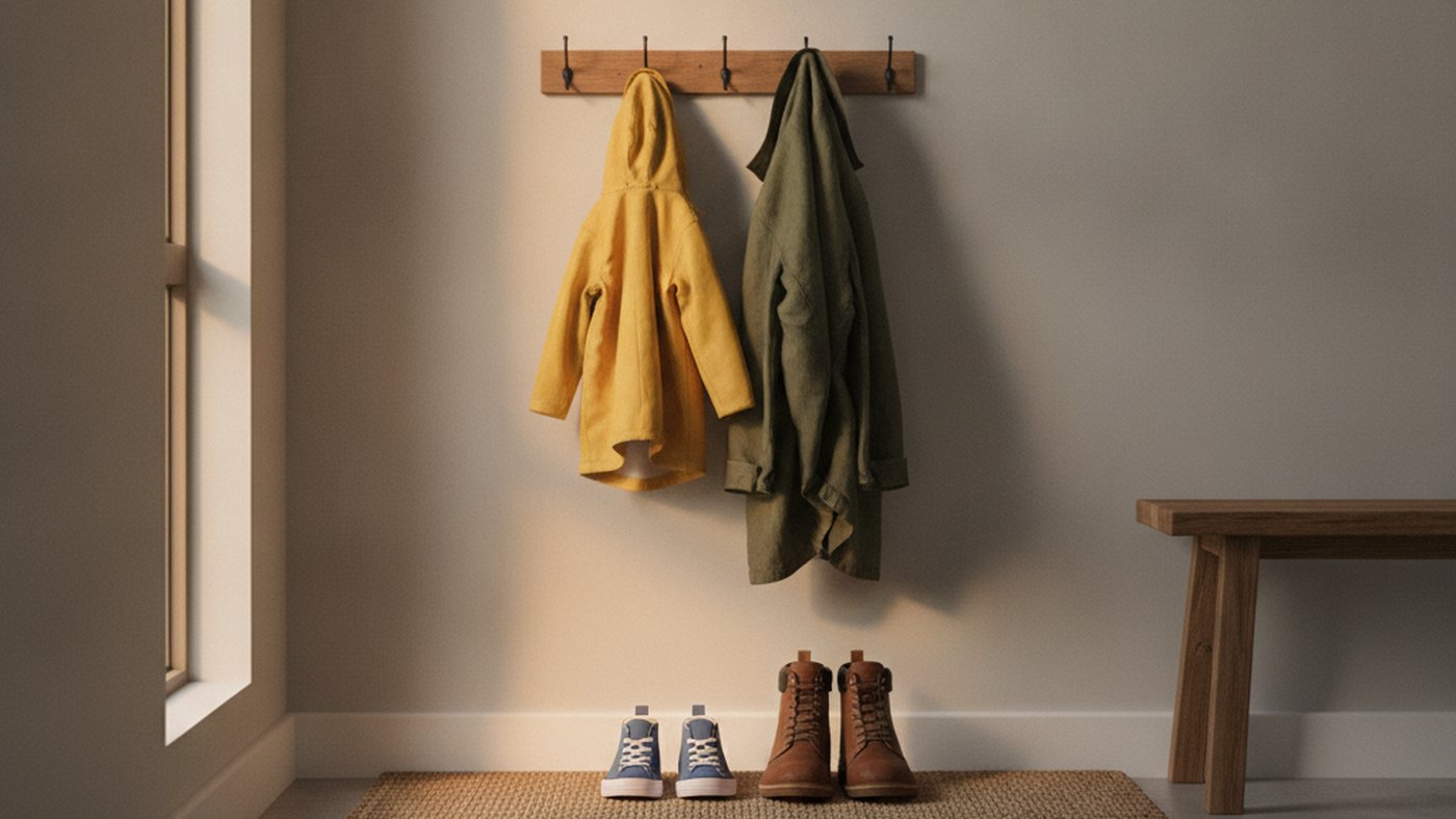 A child's jacket and an adult's jacket hanging side by side above two pairs of shoes in a quiet front hallway
