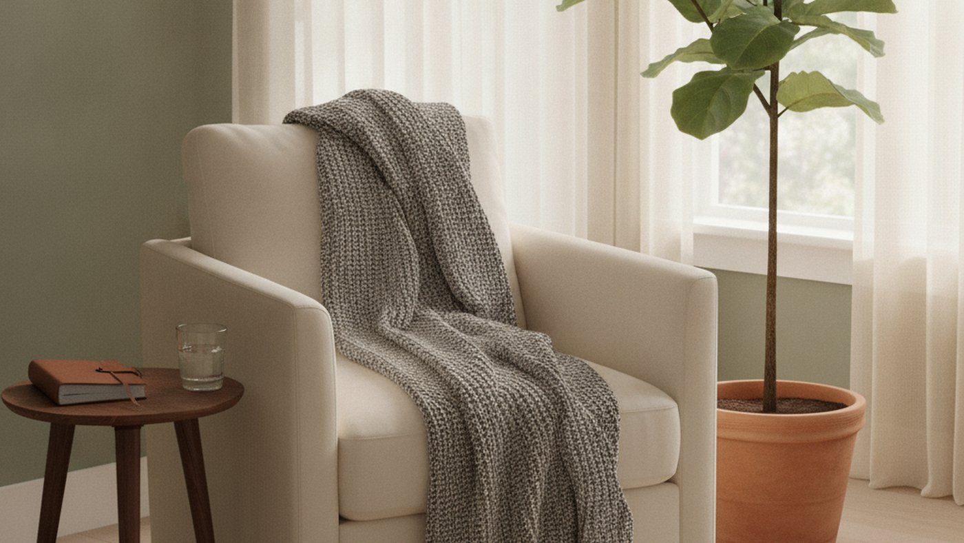 An armchair with a knitted throw beside a small side table and a plant in a quiet, softly lit room