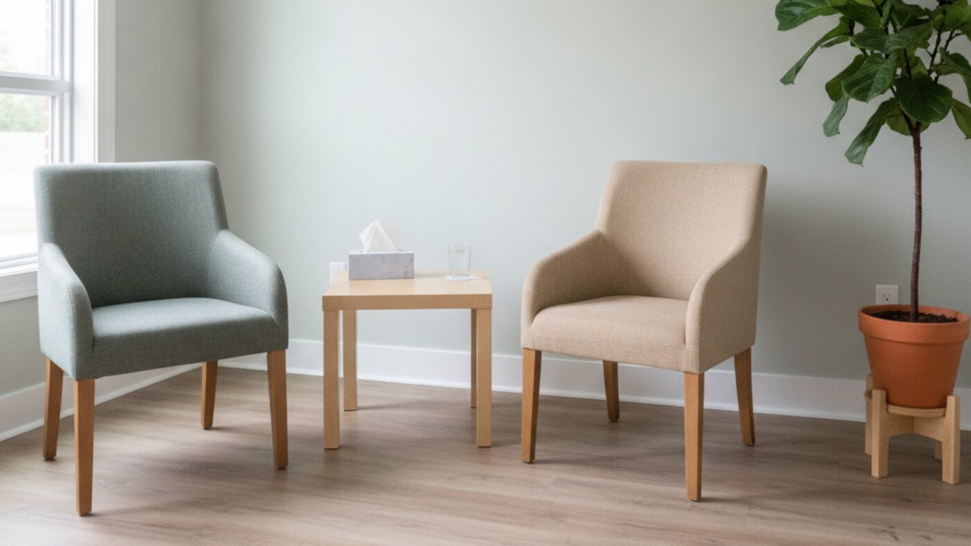 Two comfortable chairs facing each other at an angle in a quiet, warmly lit therapy office with a window and plants