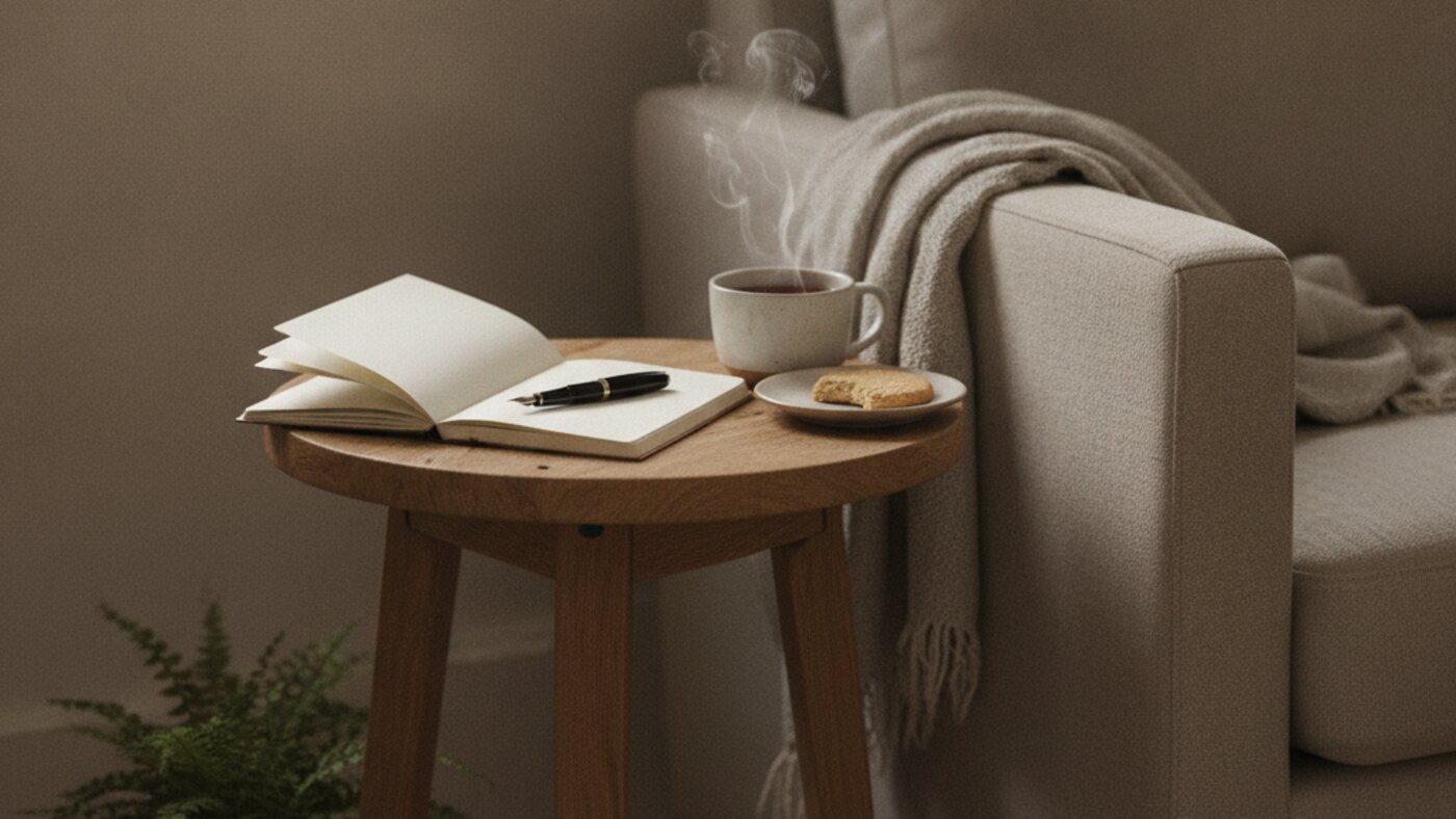 Notebook, pen and a cup of tea on a side table beside an armchair, with soft afternoon light