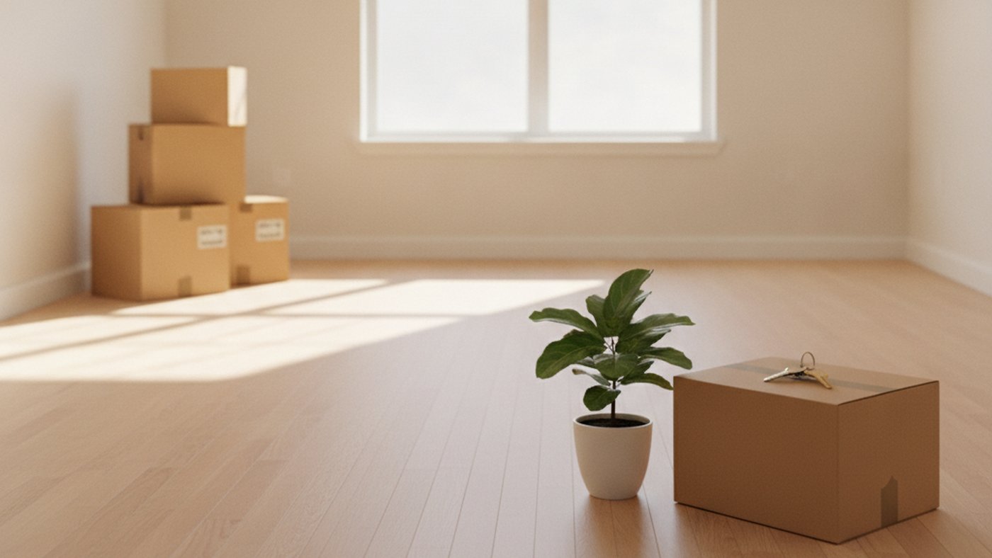 Stacked moving boxes, a houseplant and a set of keys in a bright, empty new apartment on moving day, one of the most common life transitions.