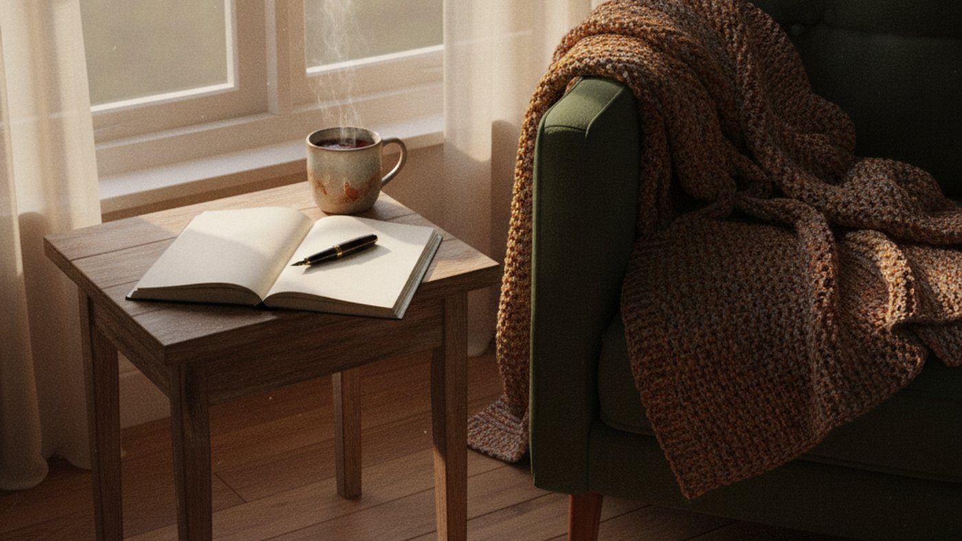 An open notebook, a pen and a mug of tea on a small table by a sunlit window, representing the quiet routines that help with adjusting to change.
