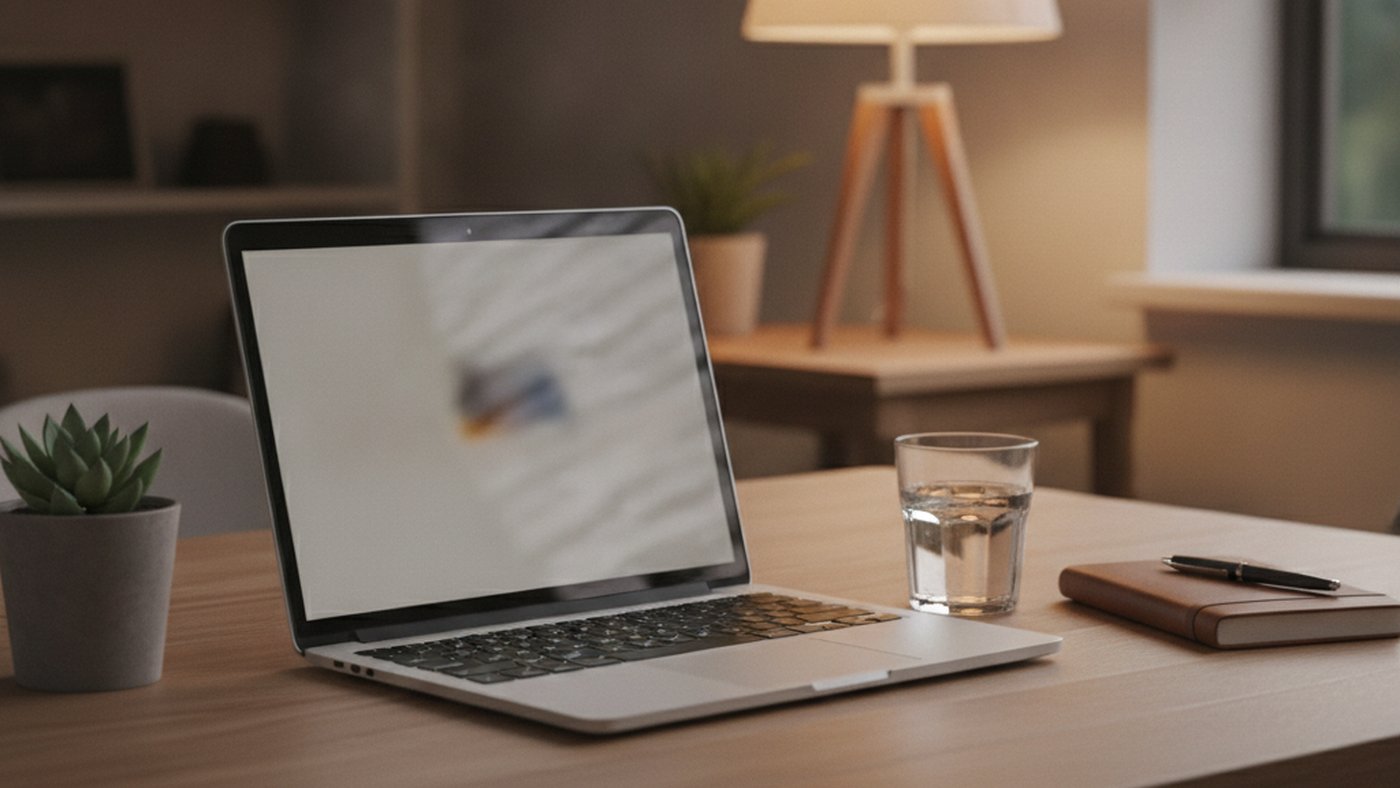A laptop, notebook and glass of water on a kitchen table in warm evening light, set up for a private virtual therapy session at home.