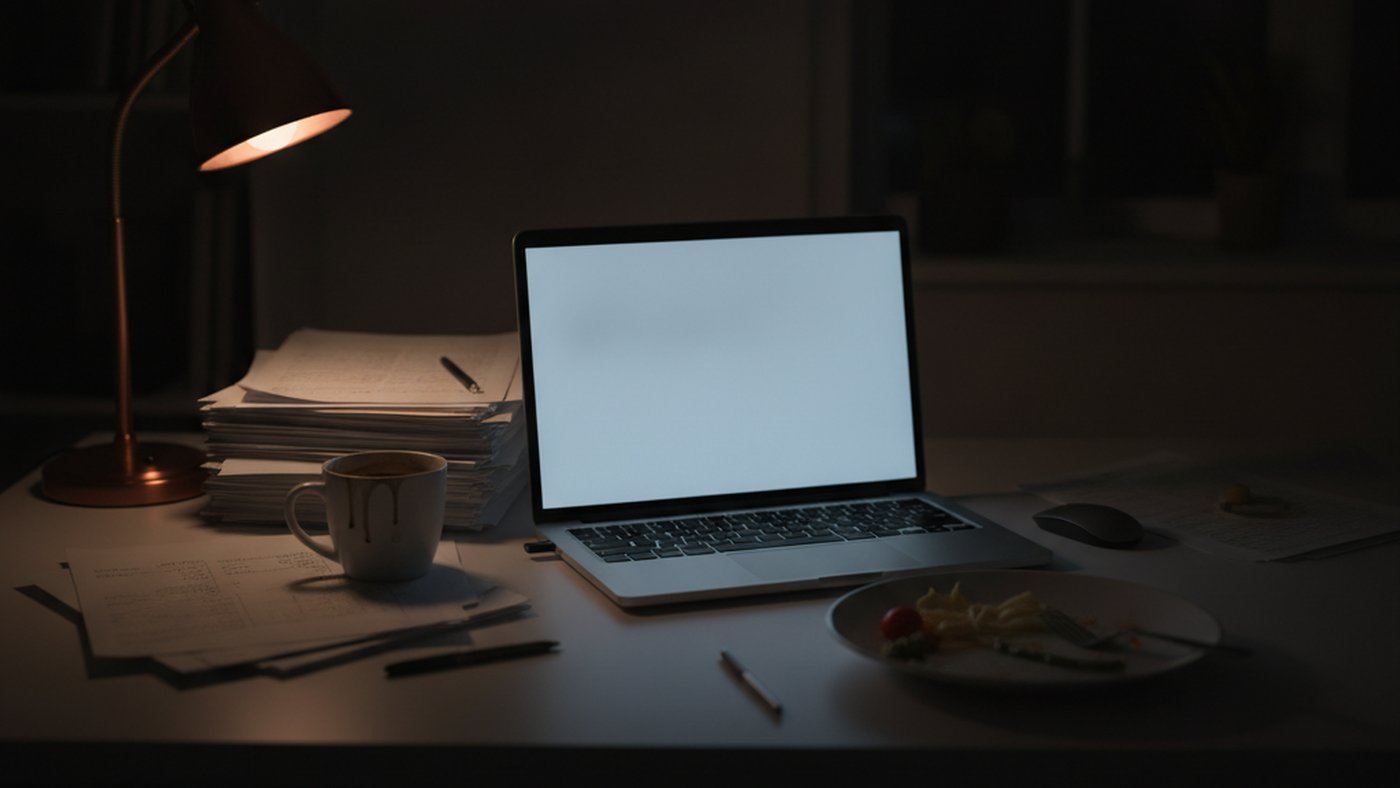 A desk late at night with an open laptop, a stack of papers, a cold cup of coffee and an unfinished dinner, suggesting overwork as one way stress shows up in men.