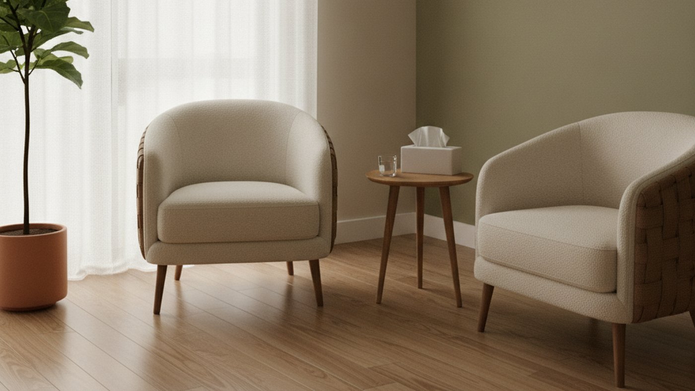 A calm, empty counselling room with two armchairs angled toward each other beside a bright window, the kind of quiet space where men's therapy takes place.