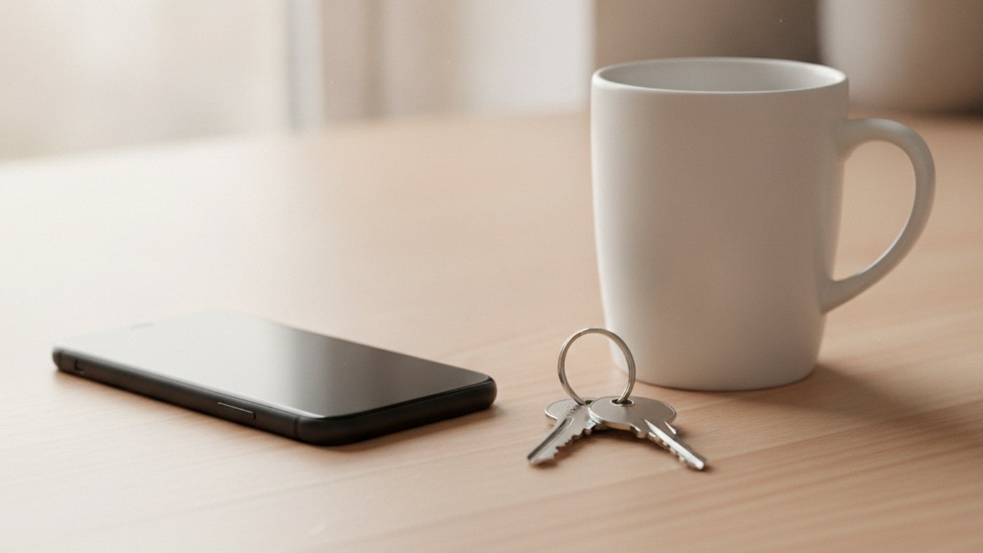 A plain smartphone, a set of keys and a coffee mug on a wooden counter in morning light, representing the small step of calling to book a consultation.